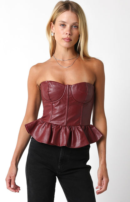 Faux Leather Strapless Peplum Bustier Top