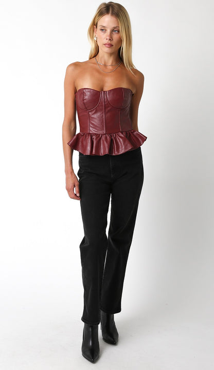 Faux Leather Strapless Peplum Bustier Top