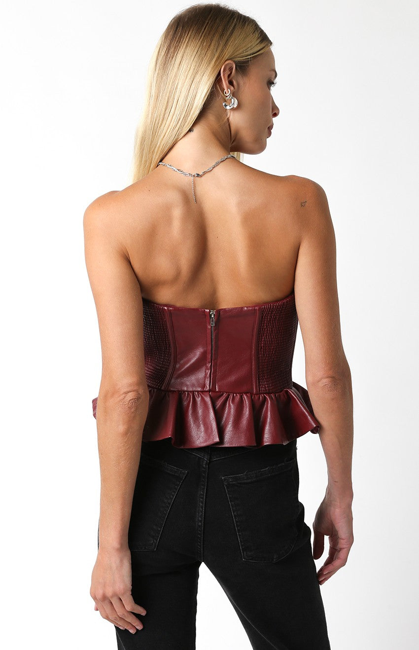 Faux Leather Strapless Peplum Bustier Top