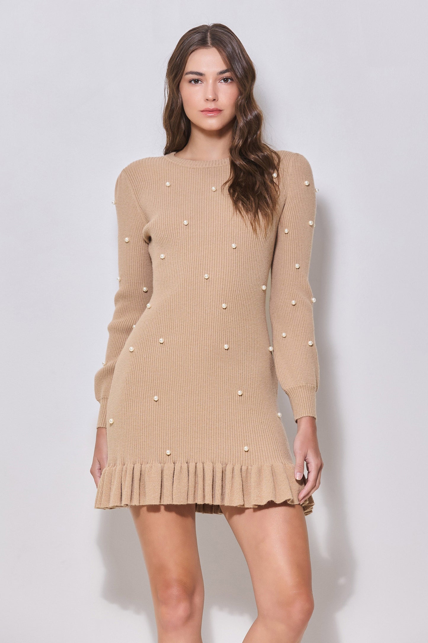 ruffle hem pearl studded knit dress