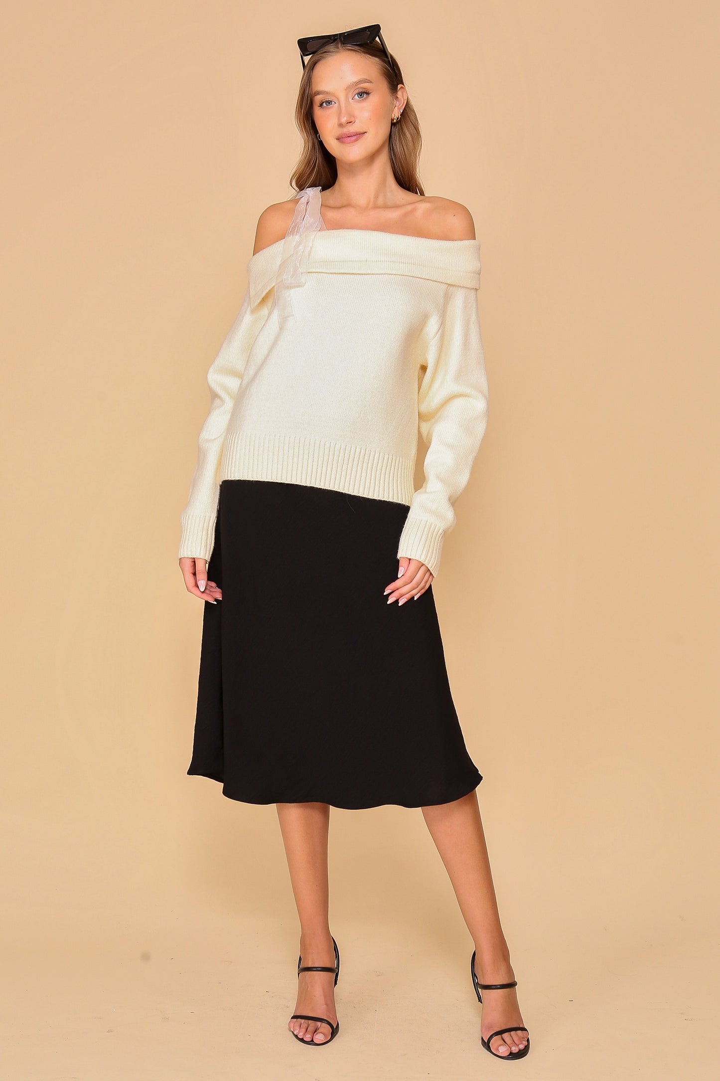 shoulder ribbon off the shoulder sweater