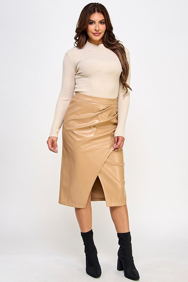 Faux Leather Front Wrap Midi Skirt