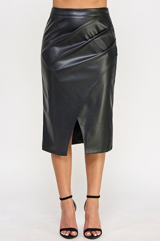 Faux Leather Front Wrap Midi Skirt