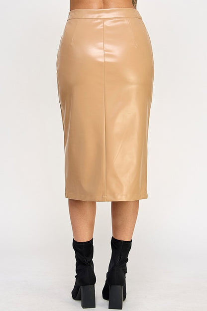 Faux Leather Front Wrap Midi Skirt