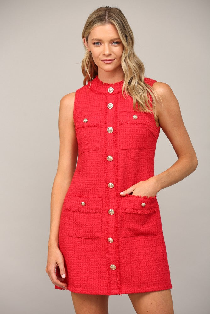 Red Tweed Front Patch Pocket Gold Button Sleeveless Dress Large Red Tweed Front Patch Pocket Gold Button Sleeveless Dress Large