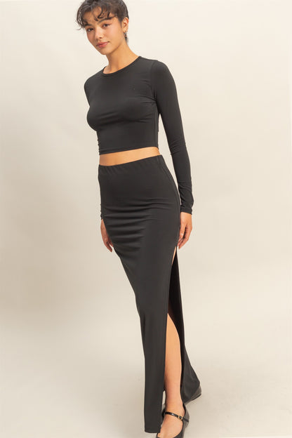 2pc set-Long Sleeve Crop Top & High Slit Maxi Skirt