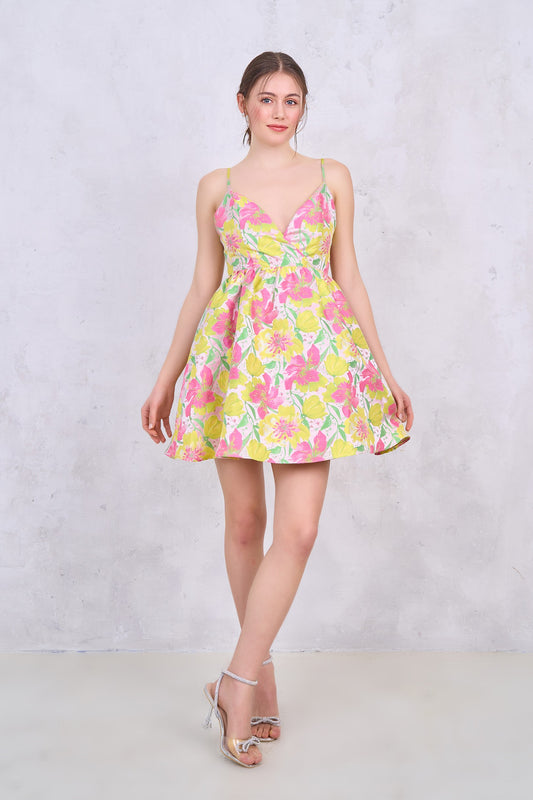 Floral Jacquard Surplice Flared Mini Dress