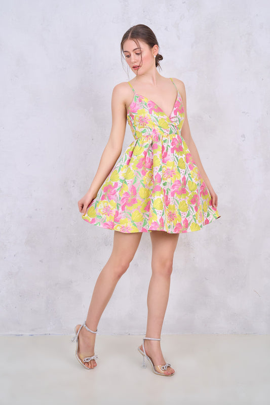 Floral Jacquard Surplice Flared Mini Dress