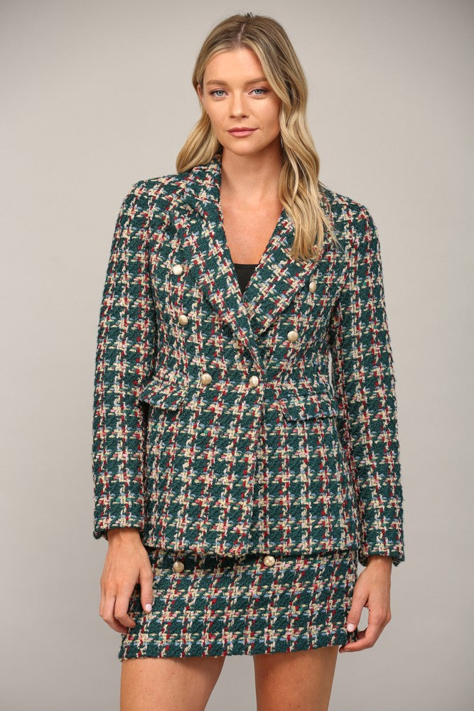 plaid tweed double breasted blazer