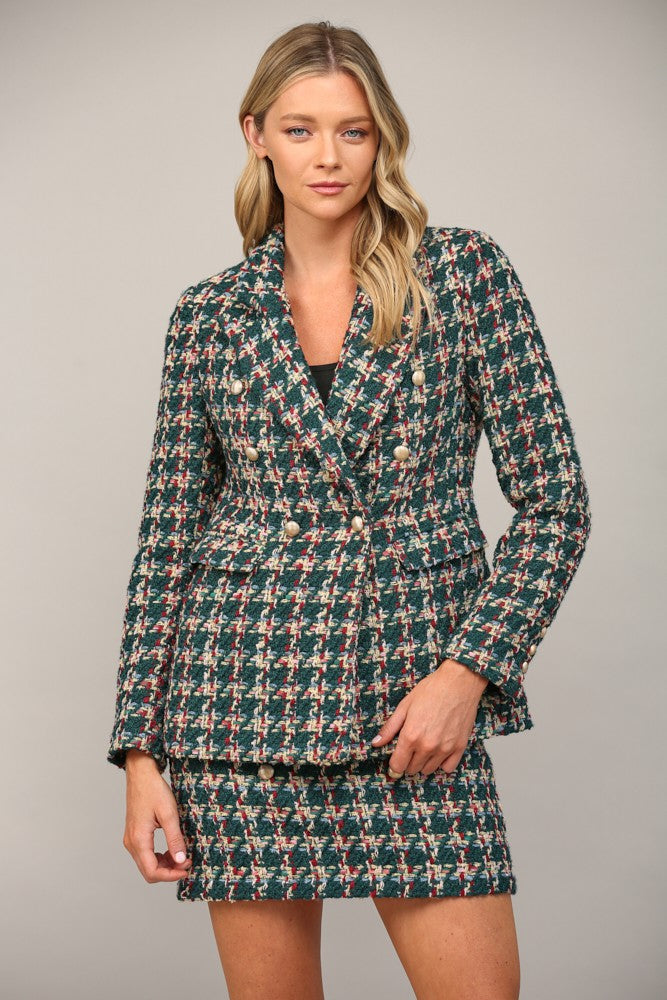 plaid tweed double breasted blazer