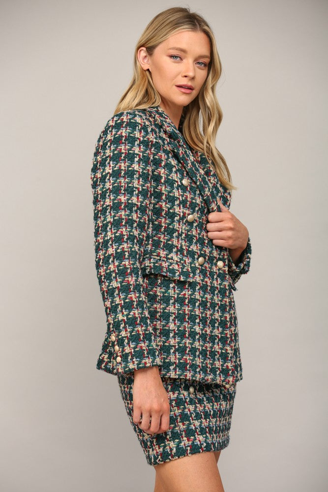 plaid tweed double breasted blazer