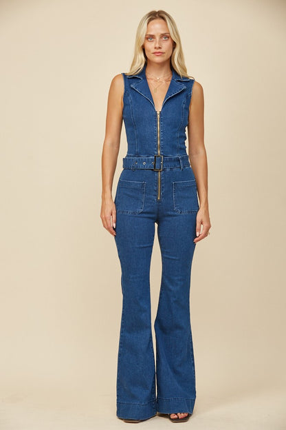 denim sleeveless flare leg jumpsuit