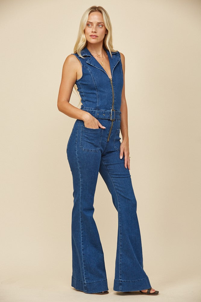 denim sleeveless flare leg jumpsuit