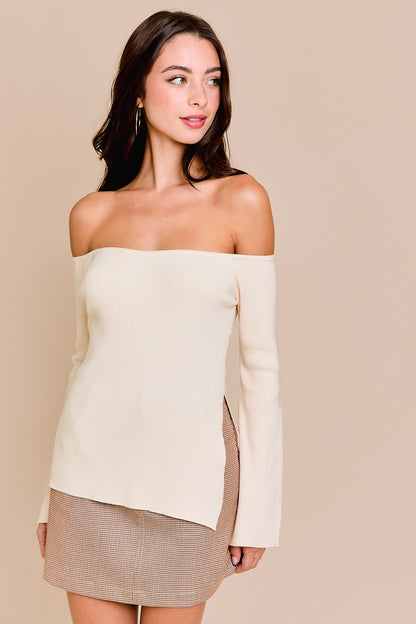 Side Slit Off Shoulder Sweater Top