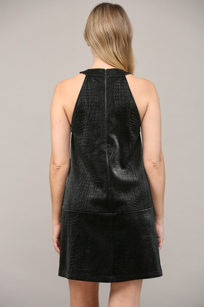 embossed crocodile faux leather jewel neck sleeveless dress