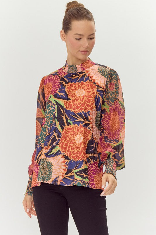 satin floral print long sleeve blouse