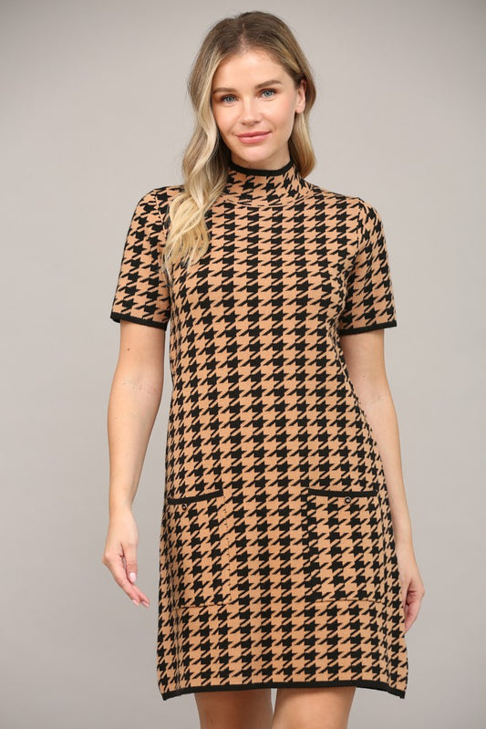 mock neck houndstooth short sleeve sweater dress