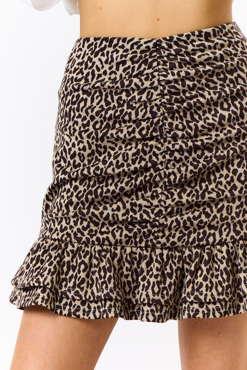 ruched knit leopard print ruffle skirt