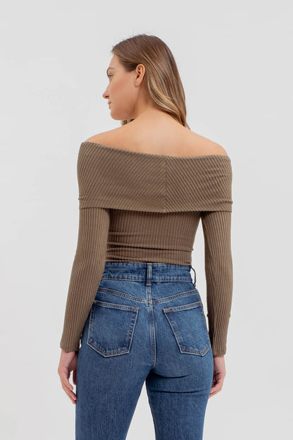 fold over off the shoulder ribbed knit top