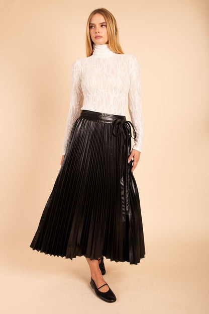 faux leather pleated midi skirt