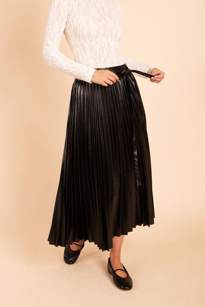 faux leather pleated midi skirt