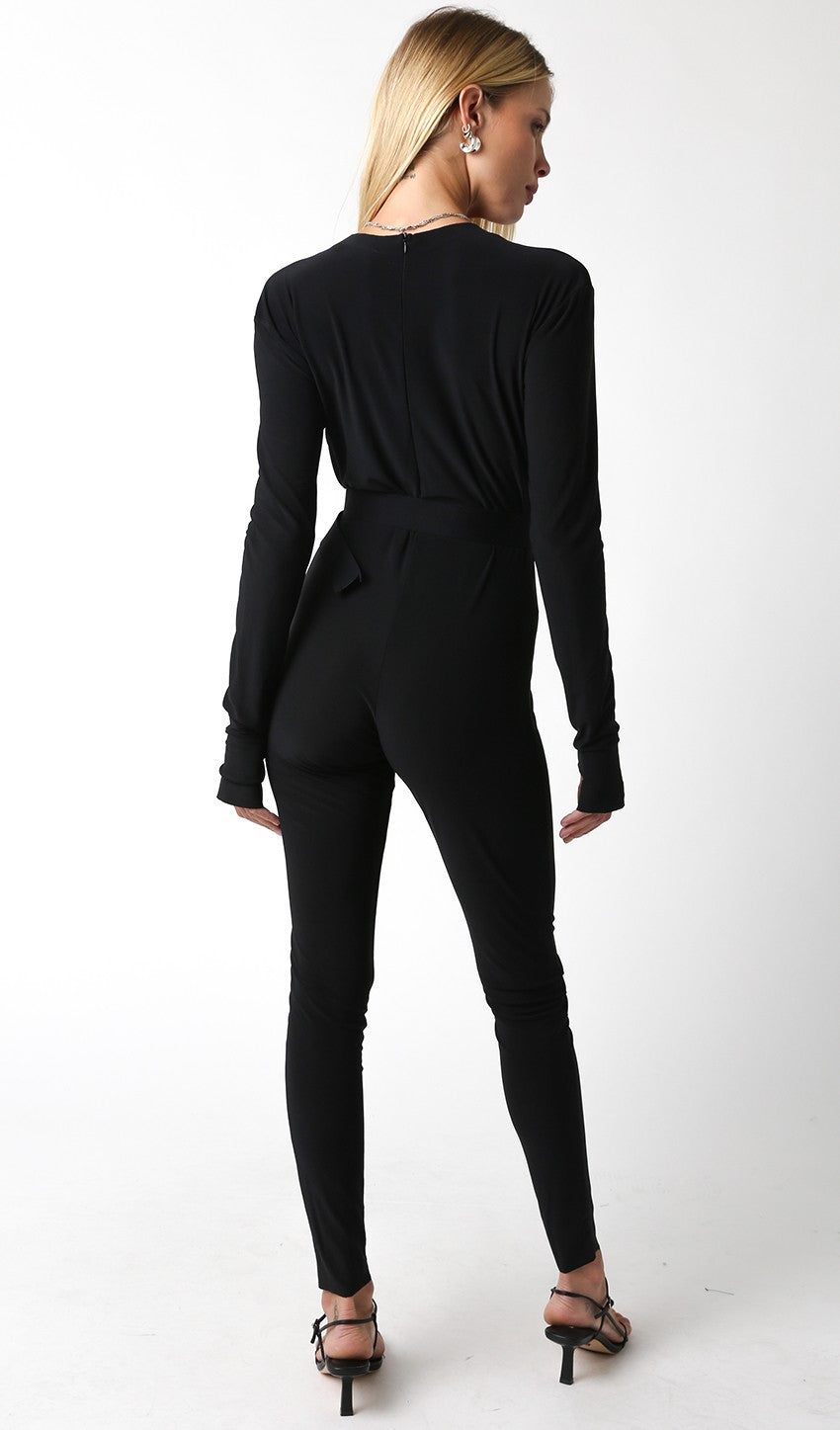 plunging v neck long sleeve skinny leg belted jumpsuit