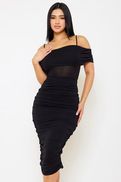 glittering off shoulder bodycon midi dress Glitter Off The Shoulder Midi Dress Black / Medium
