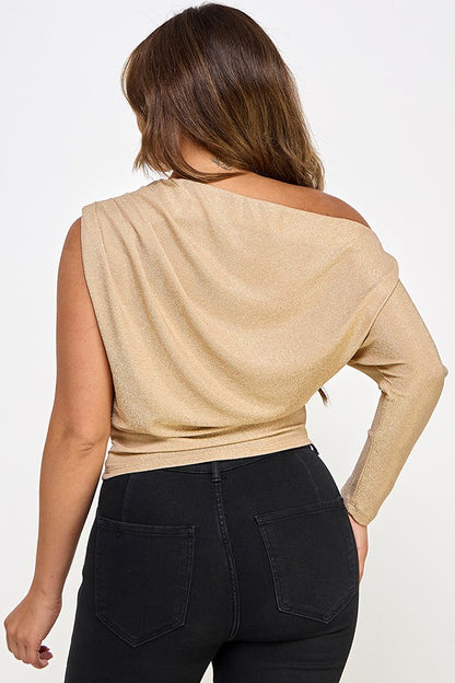 Glittery Knit One Sleeve Off One Shoulder Top