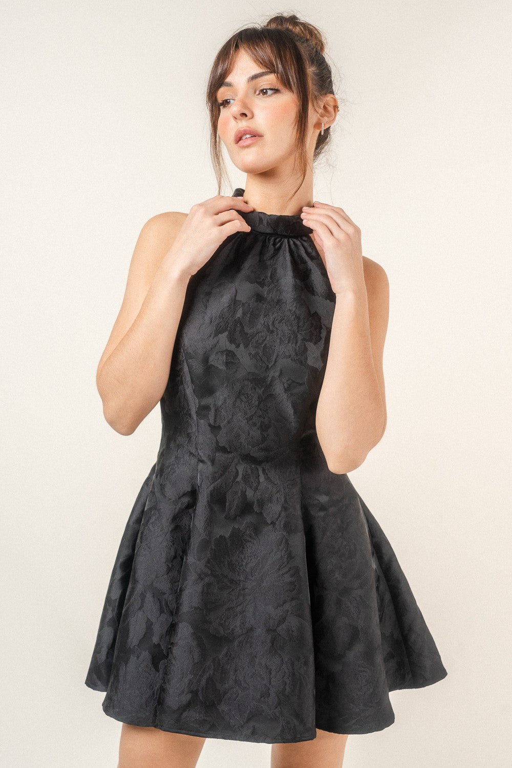 high neck tonal floral fit & flare dress Black / Small high neck tonal floral fit & flare dress Black / Small