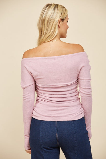 brushed knit off the shoulder cross over top