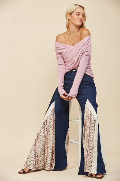 brushed knit off the shoulder cross over top