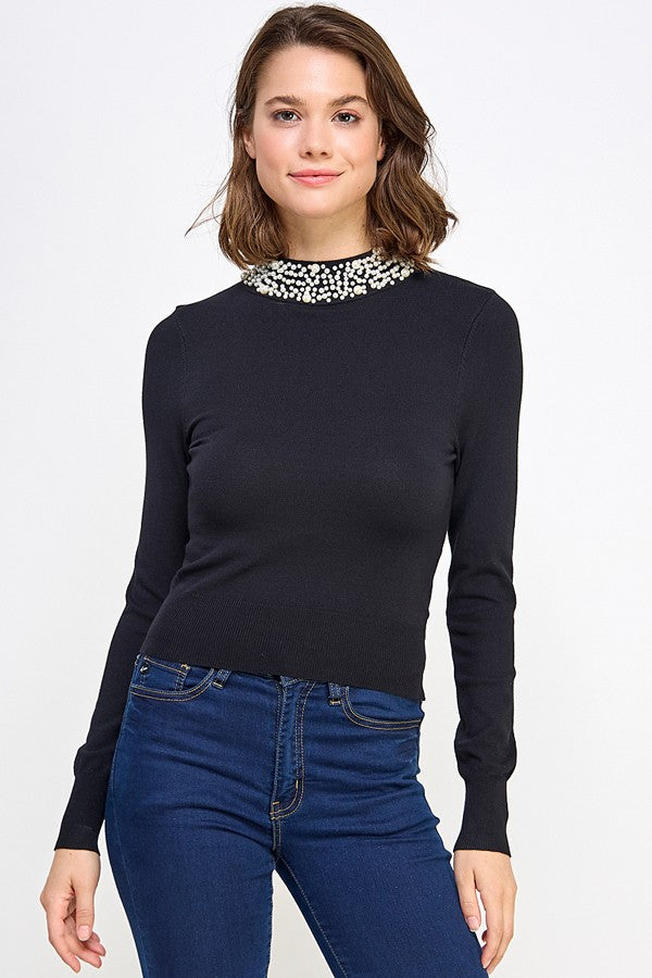 pearl embellished neck long sleeve knit top