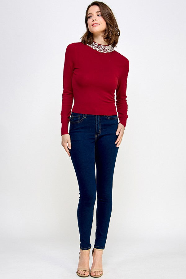 pearl embellished neck long sleeve knit top