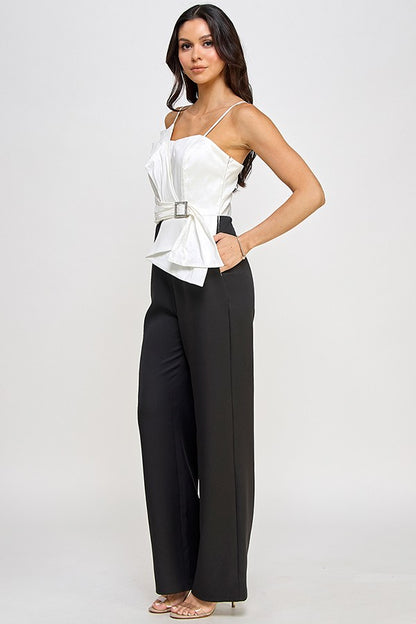 Color Block Strapless Pleated Sash Jumpsuit