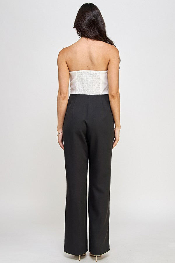 Color Block Strapless Pleated Sash Jumpsuit