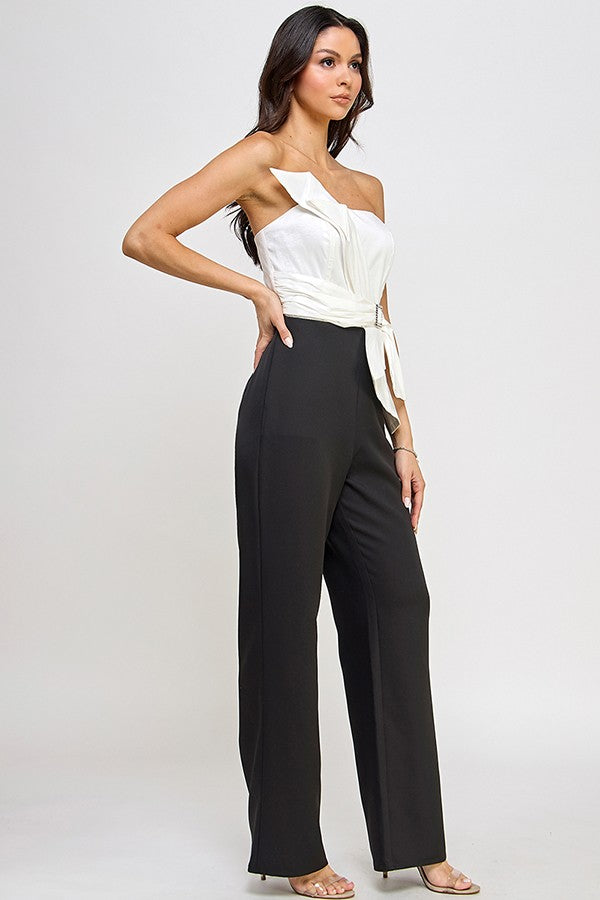 Color Block Strapless Pleated Sash Jumpsuit