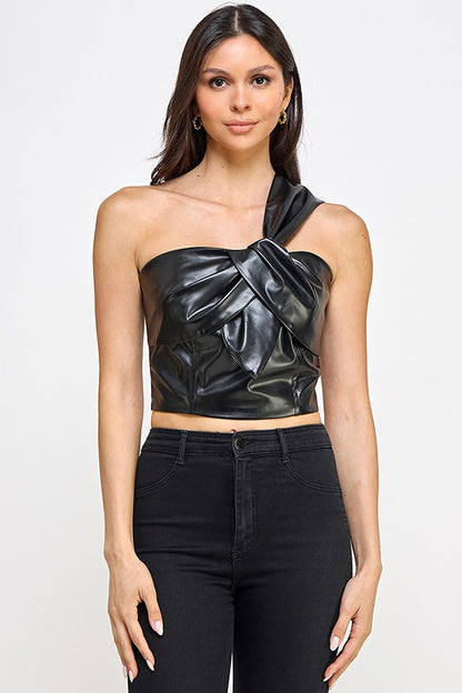 Faux Leather One Shoulder Crop Top