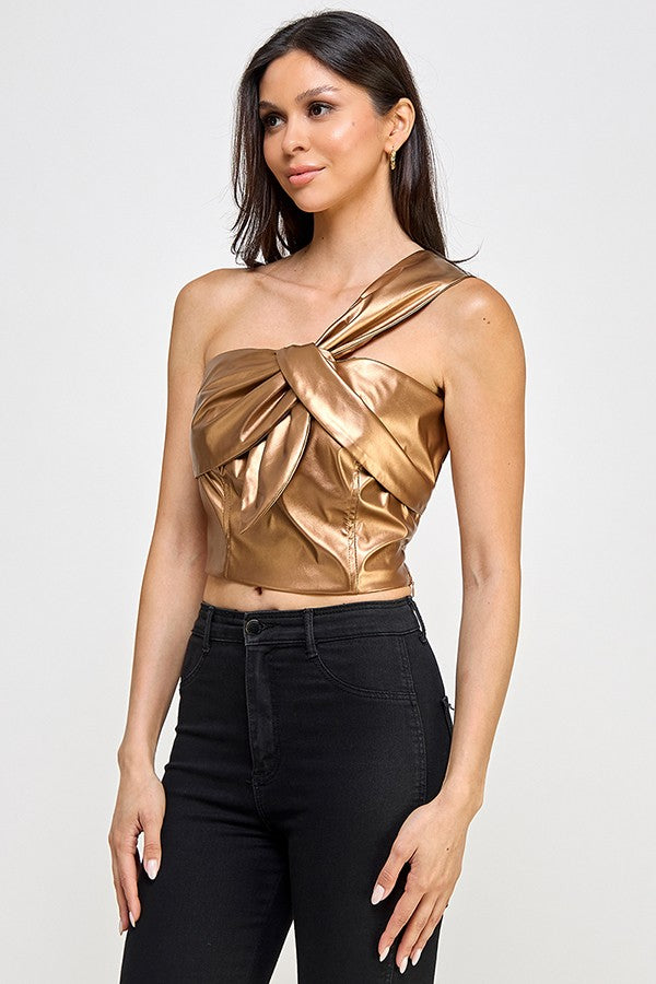 Faux Leather One Shoulder Crop Top