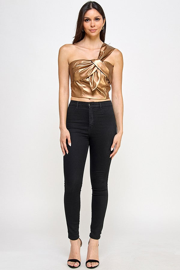 Faux Leather One Shoulder Crop Top