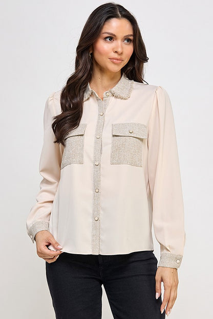 tweed contrast pocket button up blouse