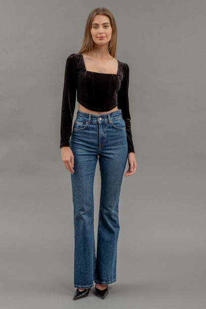 velvet square neck long sleeve corset crop top