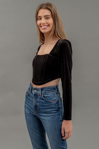 velvet square neck long sleeve corset crop top