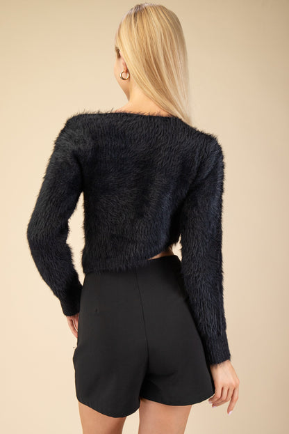 fuzzy off one shoulder crop sweater