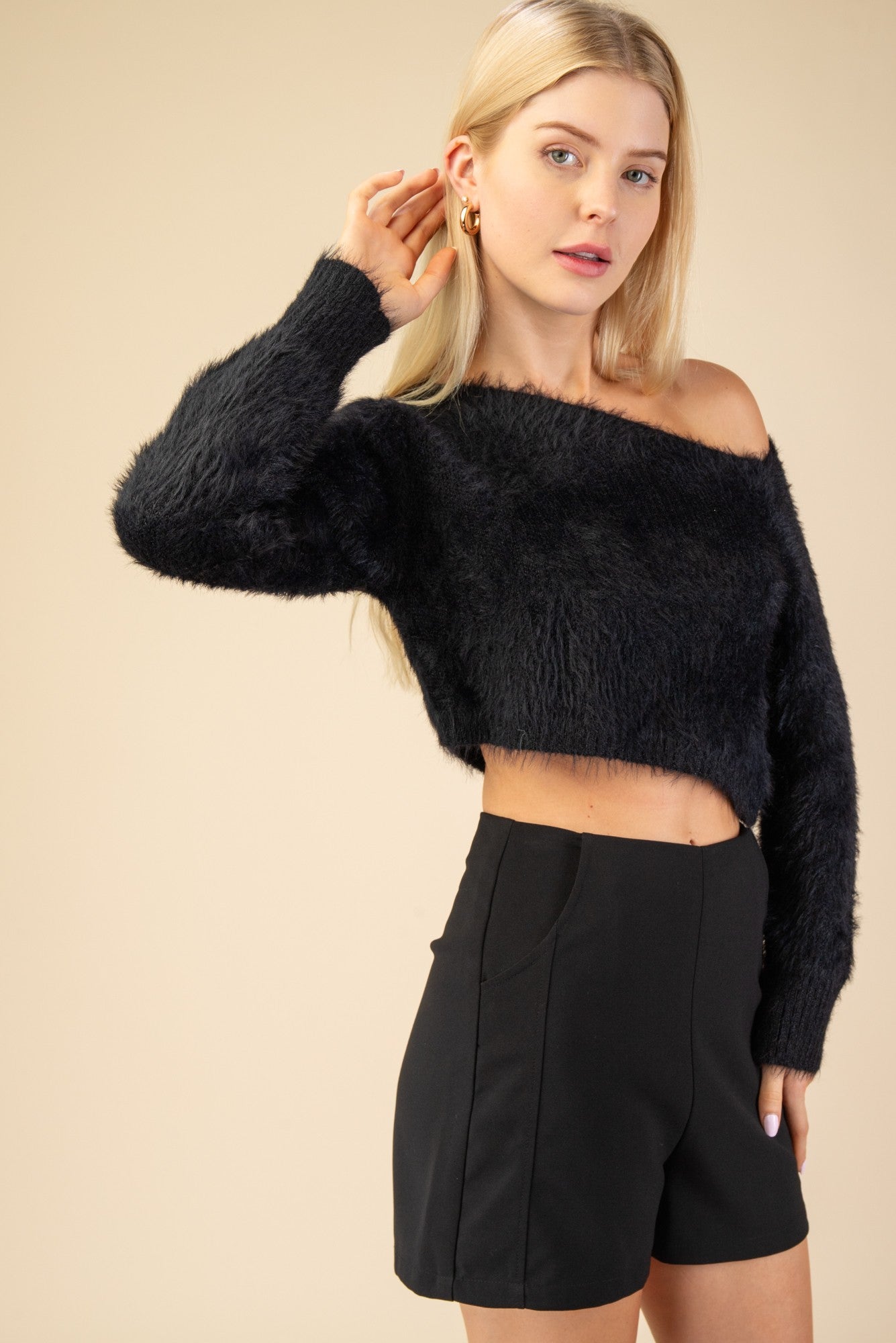 fuzzy off one shoulder crop sweater