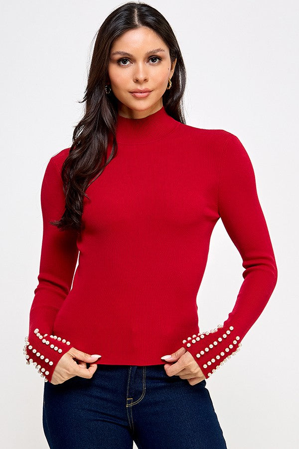 Pearl Cuff Mock Neck Sweater Top