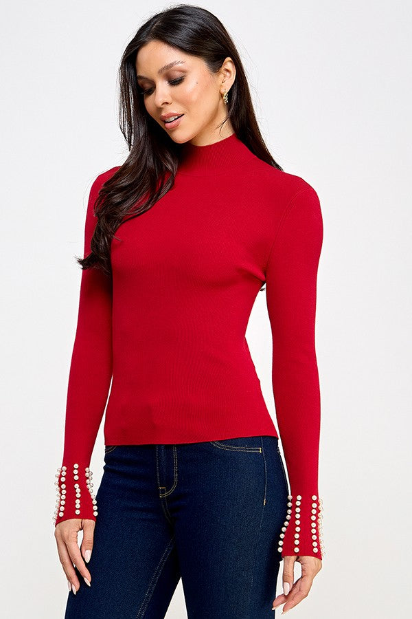 Pearl Cuff Mock Neck Sweater Top