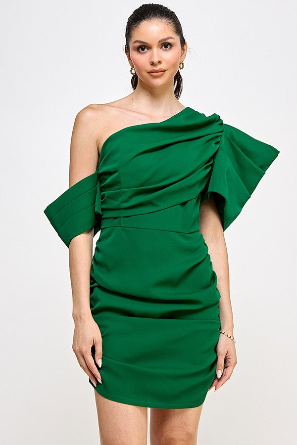 One Shoulder Asymmetrical Short Sleeve Mini Dress Green / Small One Shoulder Asymmetrical Short Sleeve Mini Dress Green / Small