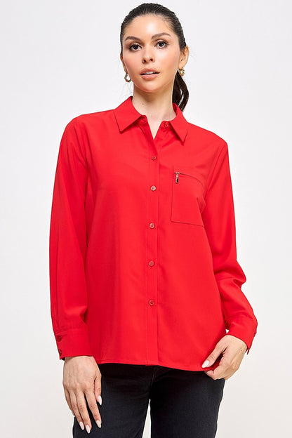 Long Sleeve Button Down Pocket Top