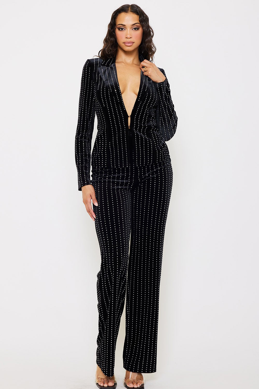 2pc set- rhinestone stripe velvet blazer & pants