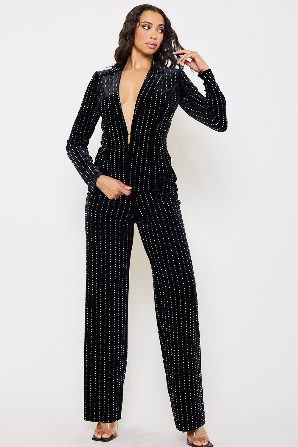 2pc set- rhinestone stripe velvet blazer & pants